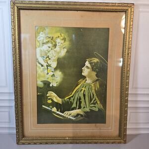 Antique St. Cecila Patron St. of Music & Musicians Print In Original Frame 8x10